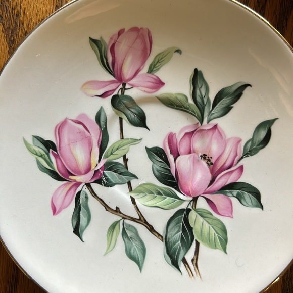 VTG 3 Pink Flower Magnolias Homer Laughlin Rhythm Saucers Gold trimmed dish - Picture 3 of 10